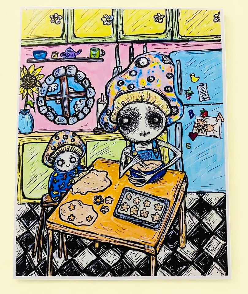 Mushrooms Making Cookies 8.5 x 11 unmatted art print