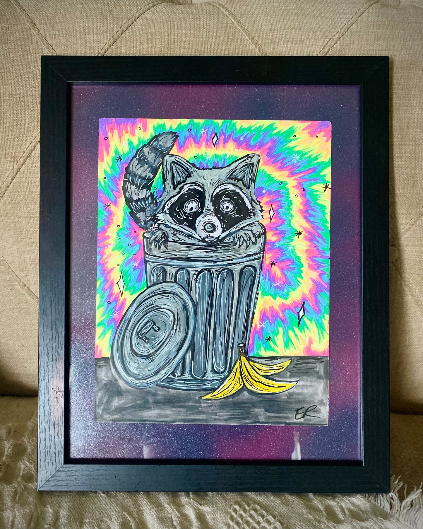 Raccoon original framed drawing