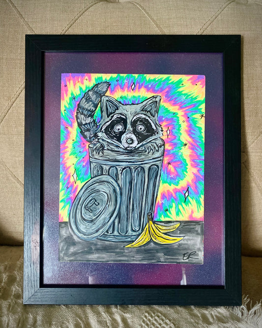 Raccoon original framed drawing
