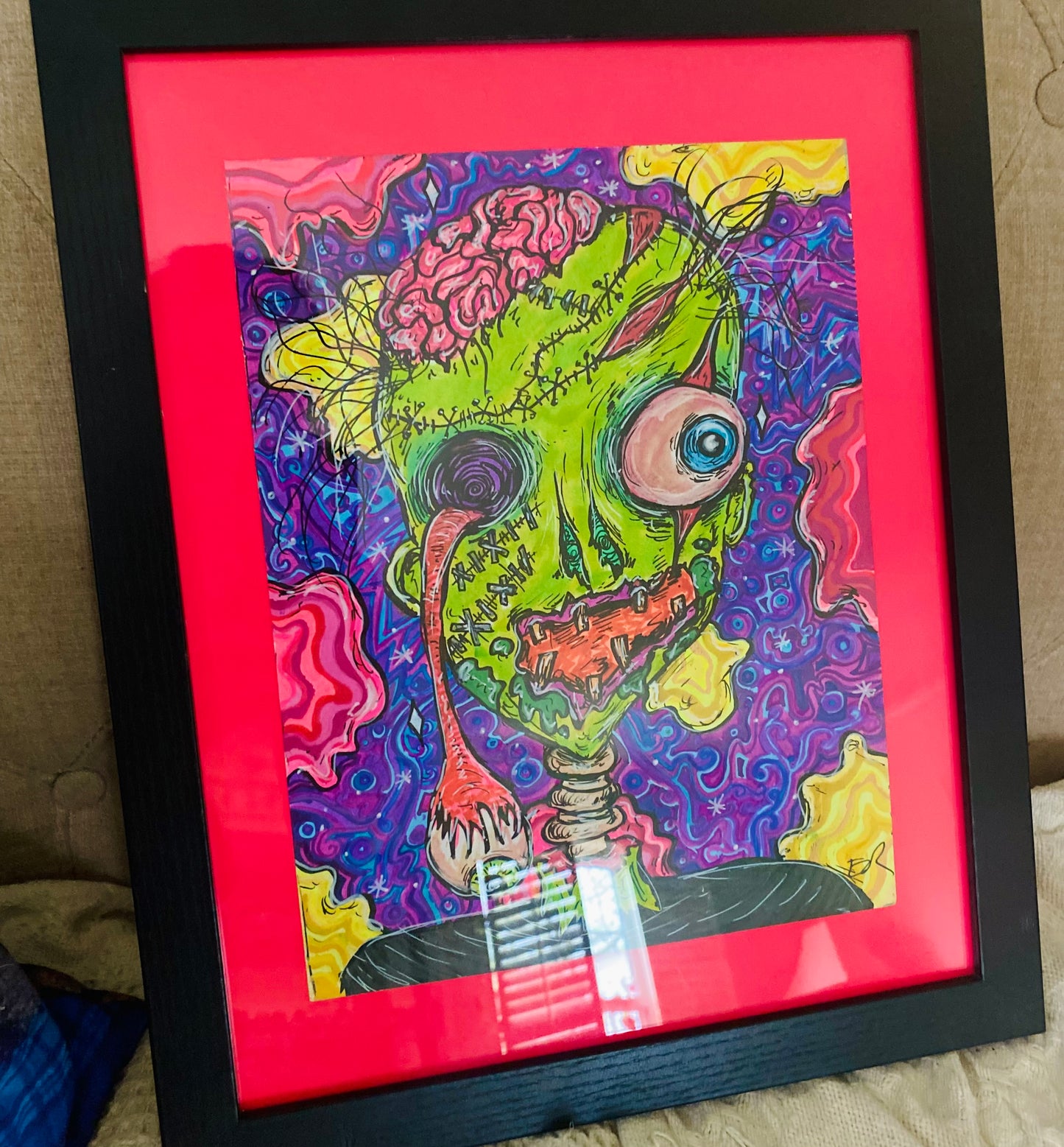 Zombie original framed drawing