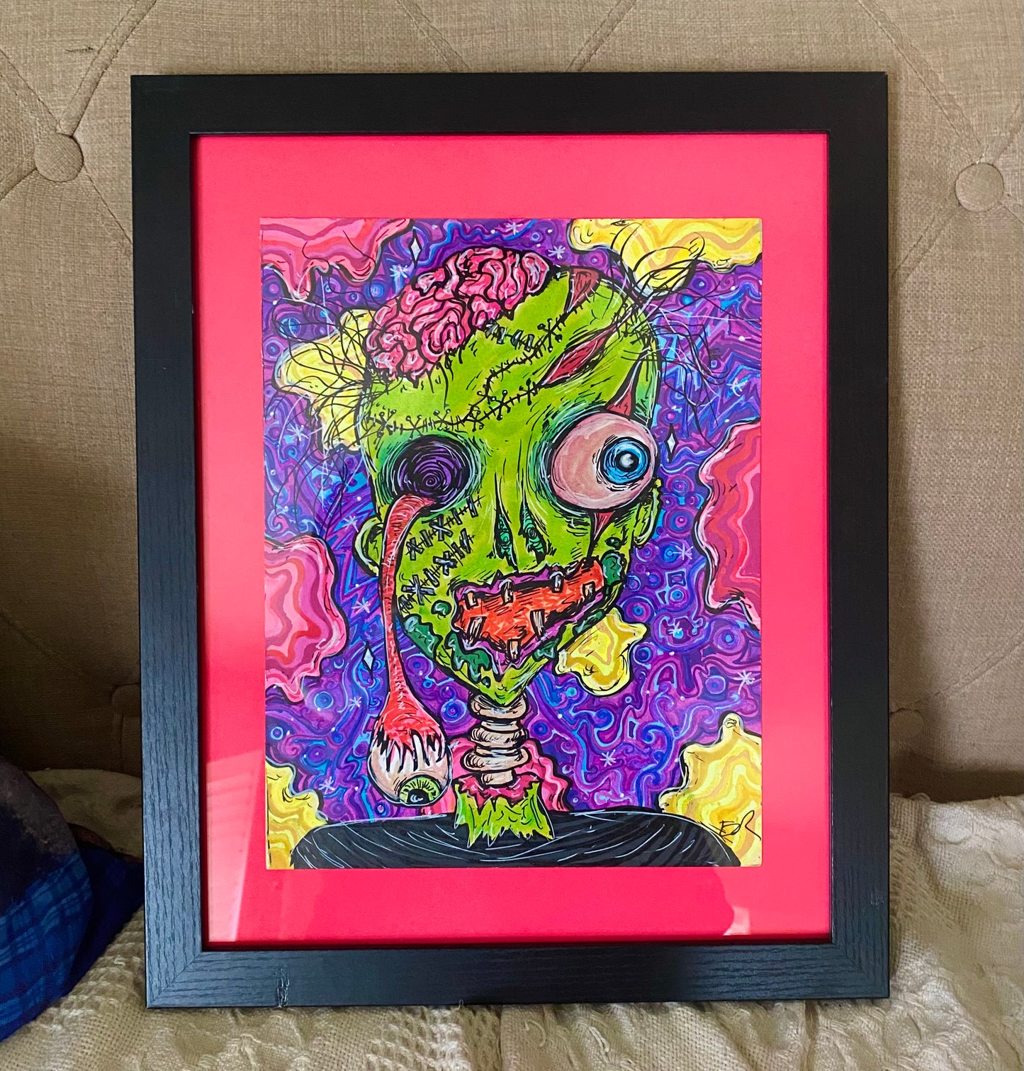 Zombie original framed drawing
