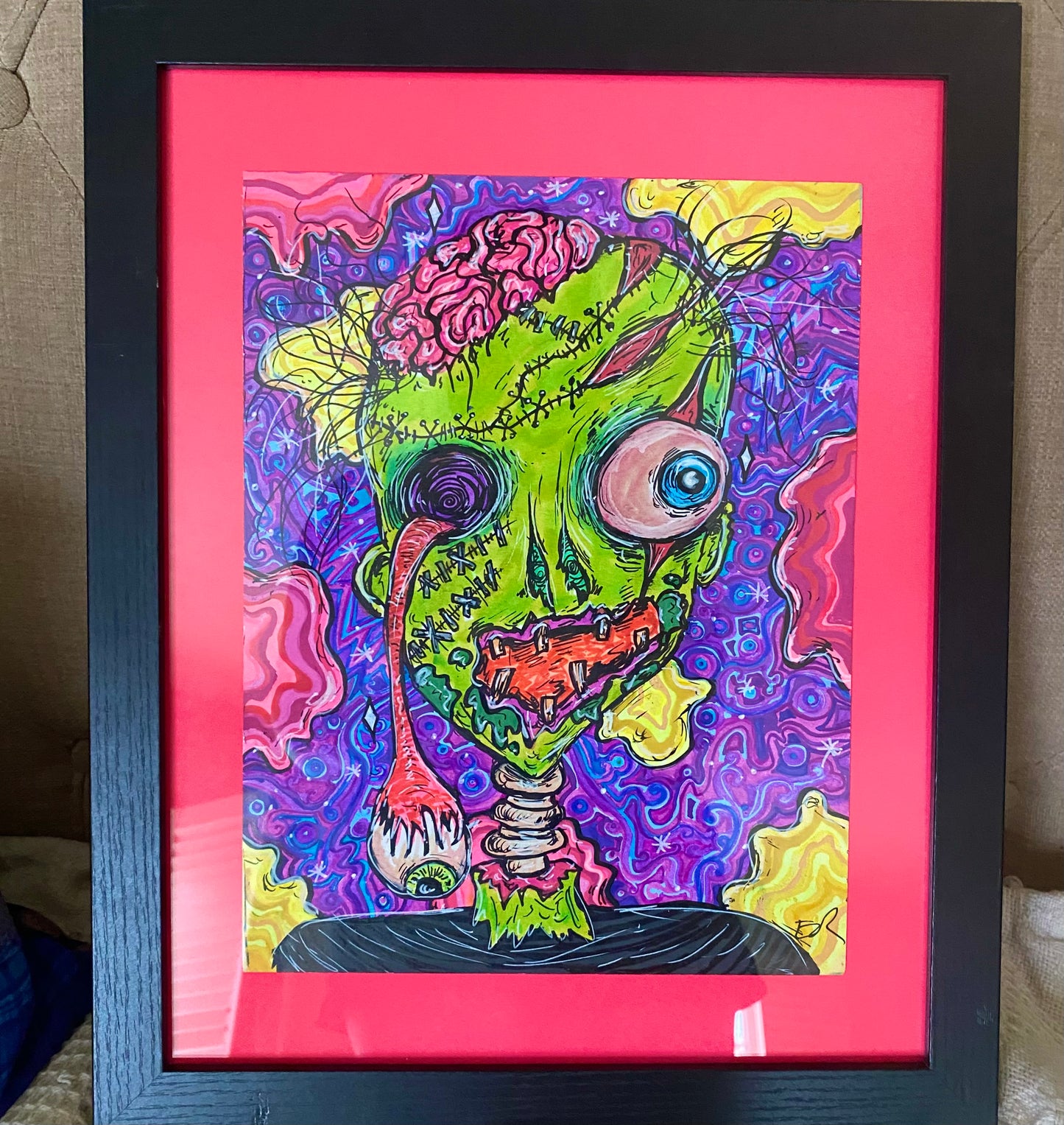 Zombie original framed drawing